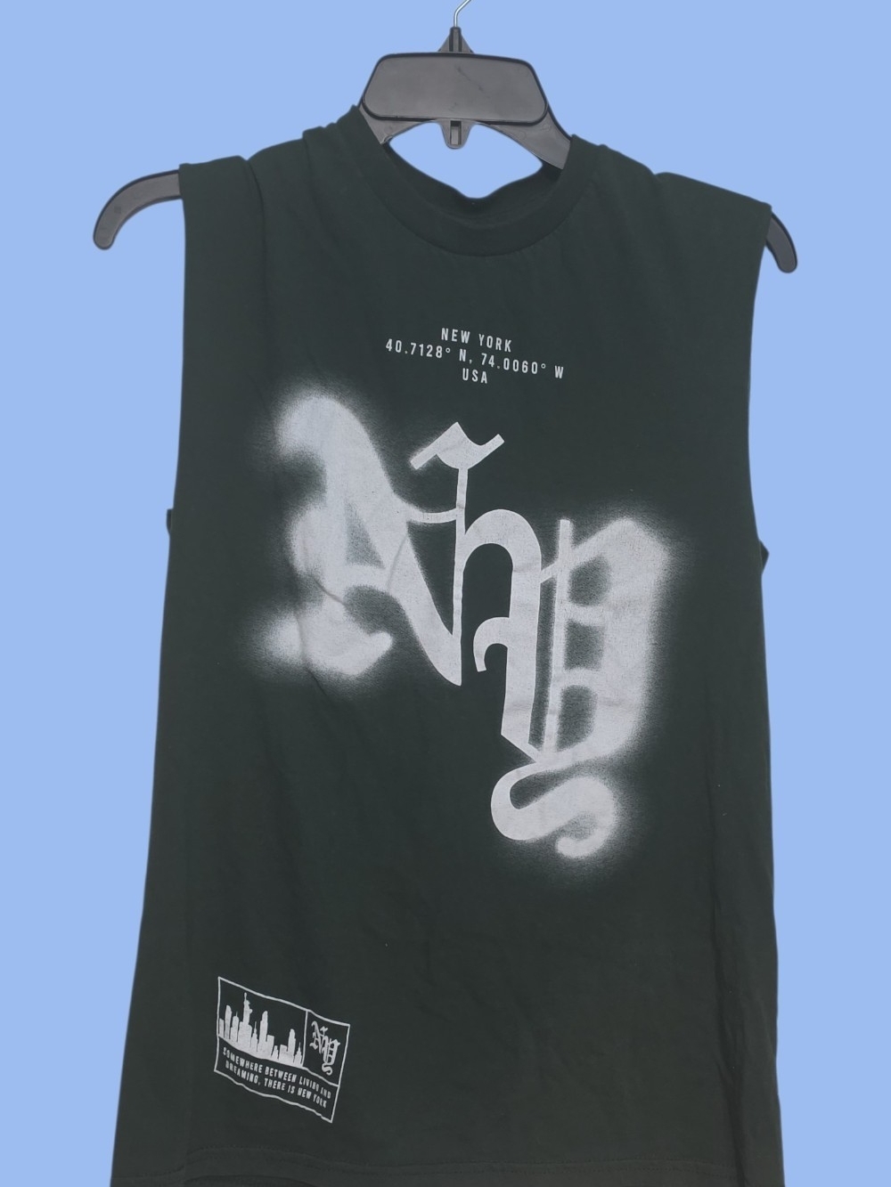 Dark Green Graphic Muscle Tee with White Spray-Style Print